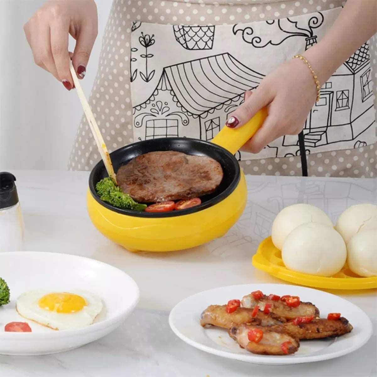 Electric Non Stick Fry pan Egg Boiler Egg Cooker,Multifunctional Egg Boiler and Pizza Frying pan,2 in 1 Handle Single Layer Egg Boiler,2 in 1 Handle Single Egg Boiler