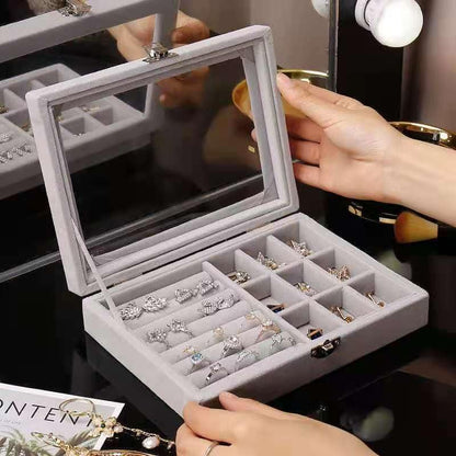 Jewellery Box Jewellery Organiser Box Velvet Clear Lid Jewelry Organizer, Ring Earring Bracelets Jewelry Storage Case, Portable Jewelry Box for Girls Women (Grey)