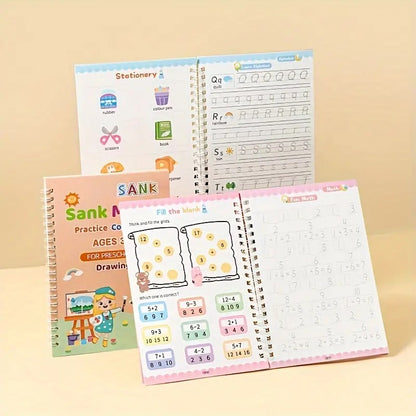 Sank Magic Practice Copybook, (4 BOOK + 10 REFILL+ 2 Pen +2 Grip) Number Tracing Book for Preschoolers with Pen, Magic Calligraphy Copybook Set Practical Reusable Writing Tool Simple Hand Lettering