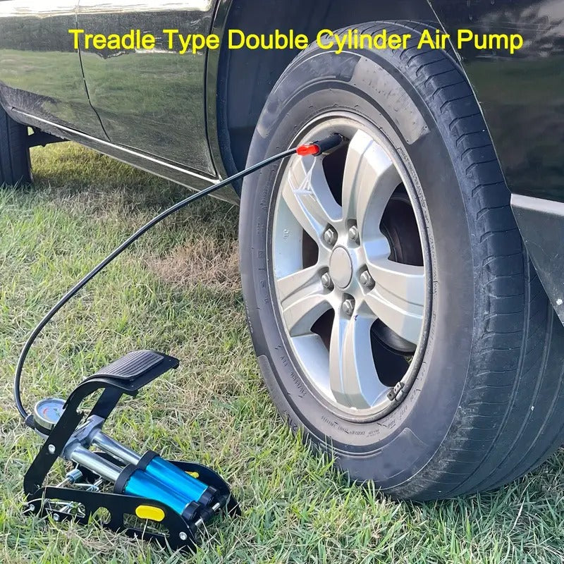 Double Cylinder Portable Foot Pump Air Tyre Inflator with Pressure Gauge for Car Tyres, Bicycle Tyres, Bike Tyres, Motorcycle Tyres, Balls, Air Mattress Inflators (Blue)