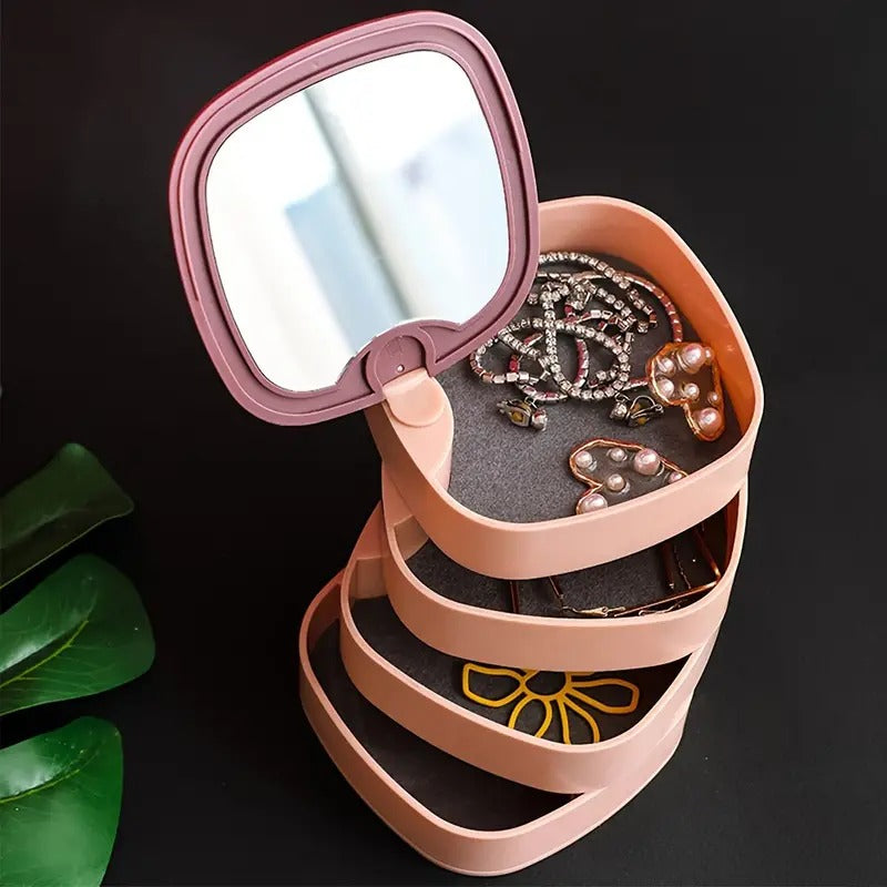 4-Layer 360 Degree Rotating Square Jewellery Organizer Box with Mirror, Plastic (Multicolour)