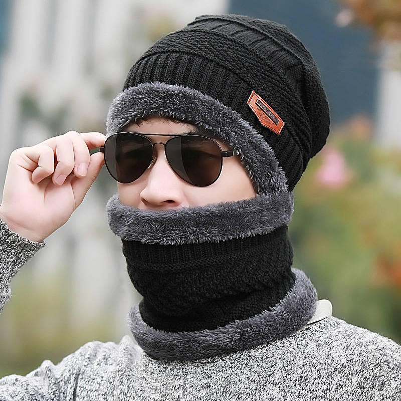 Wool Beanie Cap & Muffler for Mens & Women – Winter Cap for Men – Men’s Woolen Cap with Neck Muffler – Winter Muffler for Women – Soft Woolen Muffler & Cap for Men & Women Black