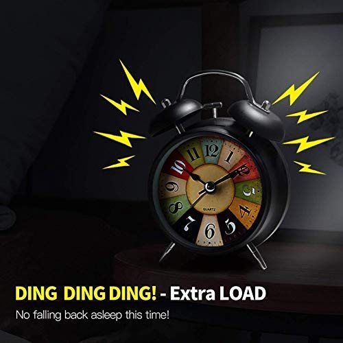 Metal Alarm Clocks - Twin Bell Table Clock for Heavy Sleepers, Bedroom, Students, Home, Kids with Night Led Light (Black)