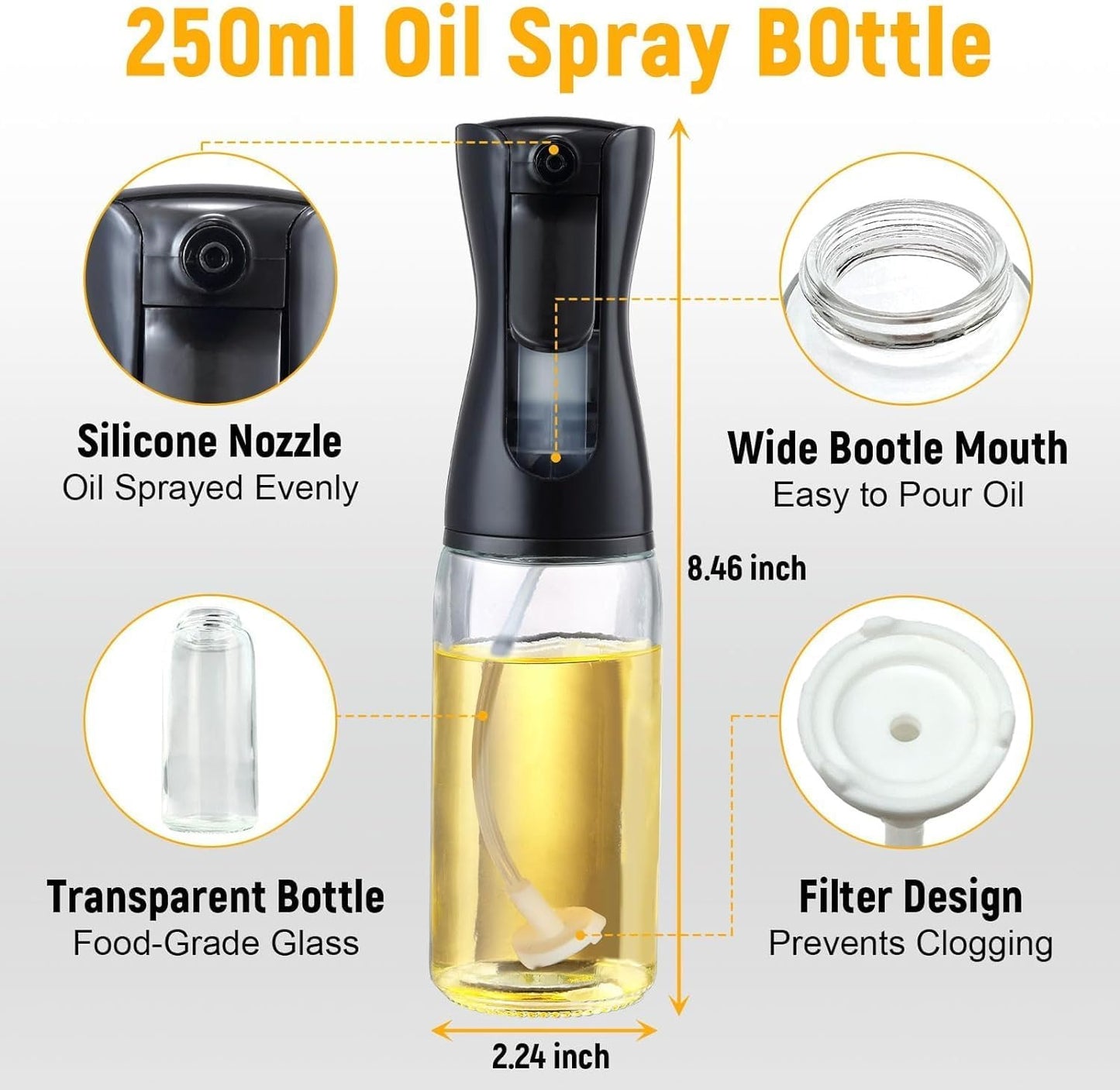 Oil Sprayer for Cooking - 210ml Oil Dispenser Bottle Spray Mister - Portable Refillable Food Grade Oil Vinegar Spritzer Sprayer Bottles for Kitchen, Air Fryer, Salad, Baking, Grilling, Frying