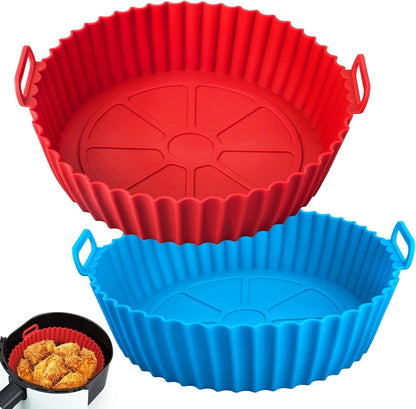 Air Fryer Liners Pot 2 Pcs I Round Silicone Basket Baking Tray I Pot With Ear Handles I Nonstick Reusable Heat Resistant I Cooking Oven Insert Accessories - Multicolor (8 Inch), Medium