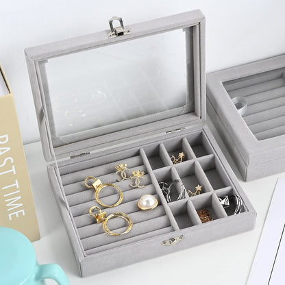 Jewellery Box Jewellery Organiser Box Velvet Clear Lid Jewelry Organizer, Ring Earring Bracelets Jewelry Storage Case, Portable Jewelry Box for Girls Women (Grey)