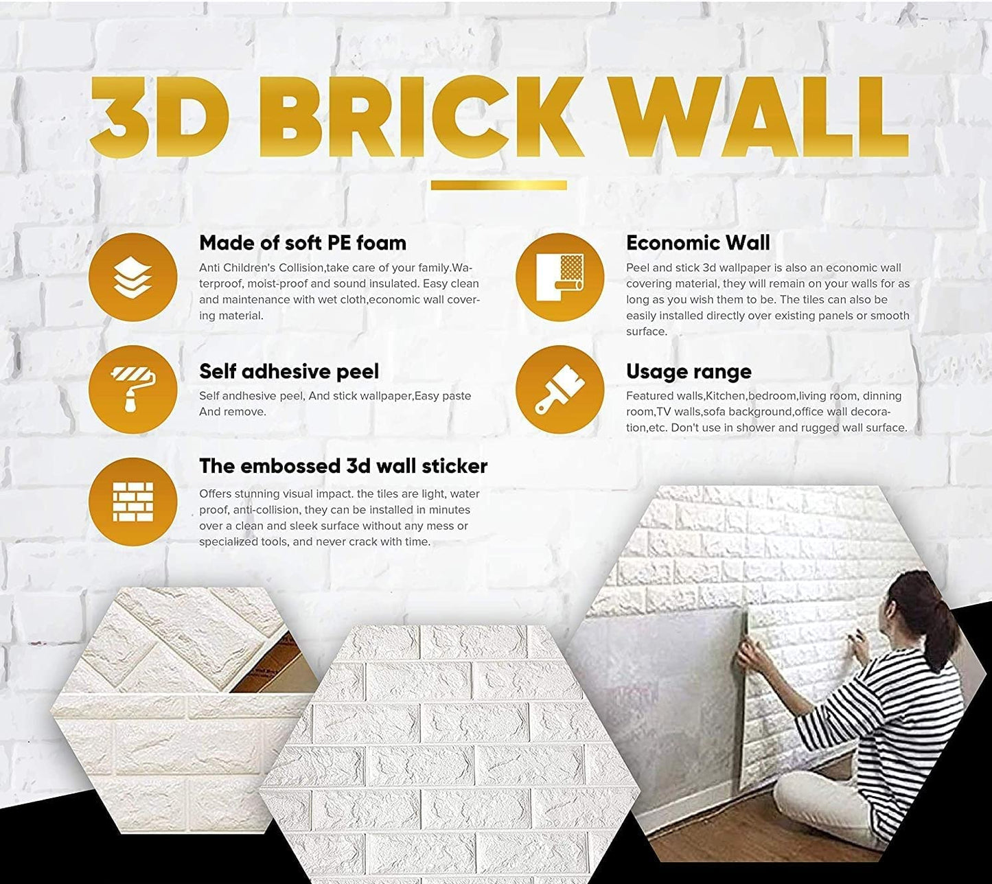 3D White Brick Wallpaper PE Foam self Adhesive Brick Design Wall Stickers/DIY Wallpaper for Home Hotel Living Room Bedroom Cafe Deco White