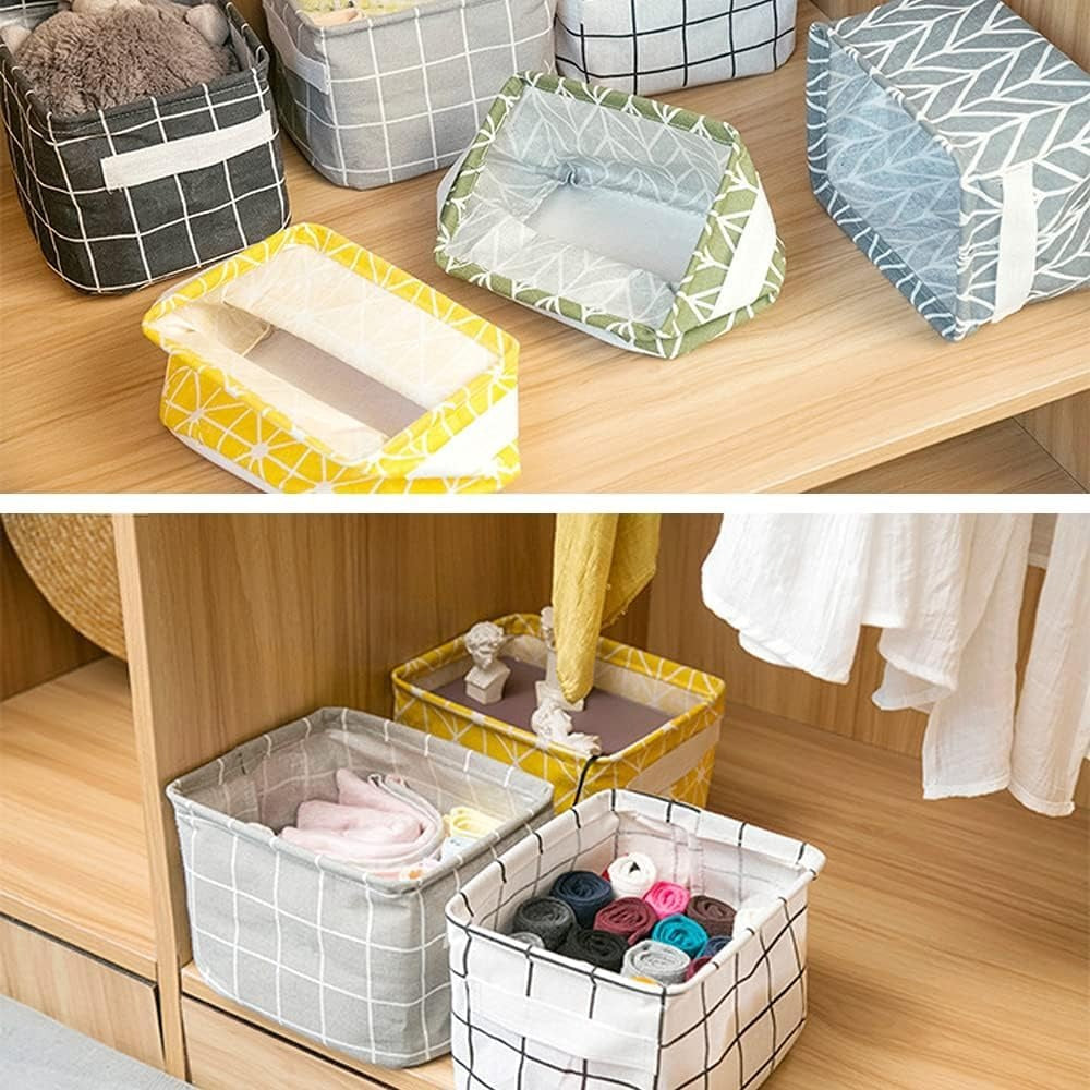 Canvas Fabric Foldable Mini Storage Basket Canvas Containers Organizers with Handle Multipurpose Storage Box Small Canvas Organizer for Wardrobe, Closet, Desk, Drawer