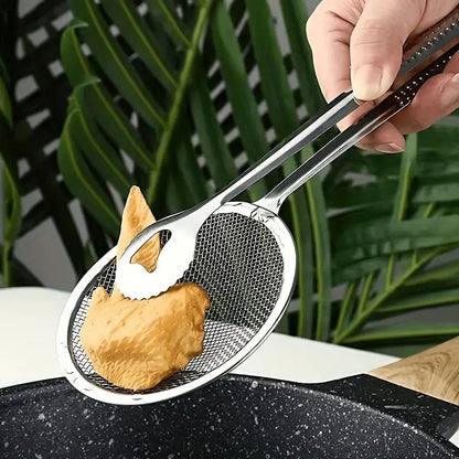 2 in 1 Fry Tool Filter Spoon Strainer with Clip,Oil Frying BBQ Filter Stainless Steel Mesh Strainer Kitchen Tool Collapsible Strainer