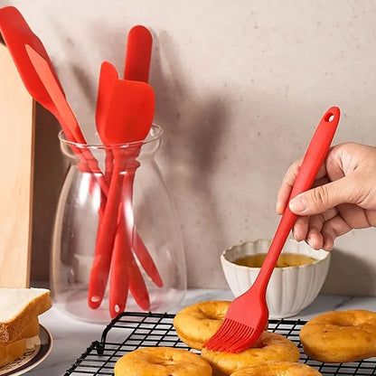 Silicone Spatula Set 6 Kitchen Non Stick pan Cake Silicon Brush oiling Spoon Cooking Mini Baking Non Stick Tools Handle khunti chamcha Tongs Rubber Utensils Oil use Accessories(RED)