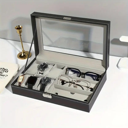 Watch Box Organizer and Sunglasses Case Holder with 6 Slots for Watches and 3 Slots for Sunglasses