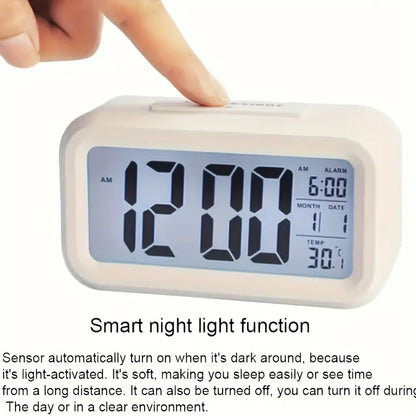 Digital Alarm Clock,Battery Operated Small Desk Clocks,with Date, Indoor Temperature,Smart Night Light,LCD Clock for Bedroom Home Office