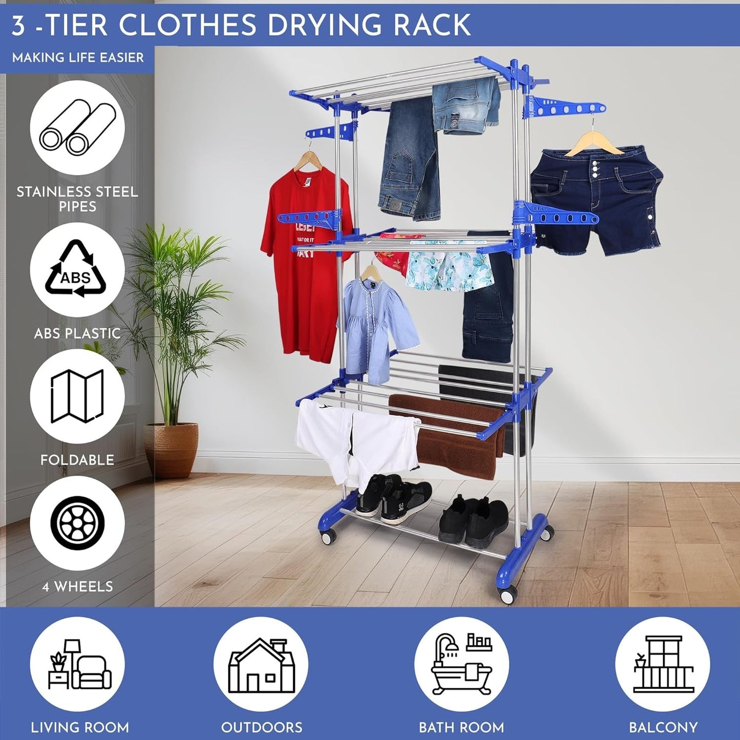 Stylish Garment Stand | Hanging Rack | Clothes Hanger for Balcony & Bedroom | 3-Tier Folding Clothes Rail Clothes Horses Drying Rack