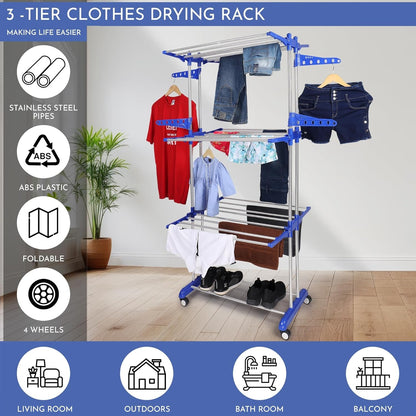 Stylish Garment Stand | Hanging Rack | Clothes Hanger for Balcony & Bedroom | 3-Tier Folding Clothes Rail Clothes Horses Drying Rack