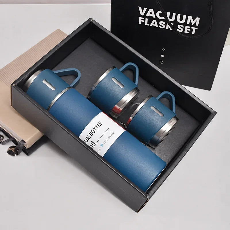 Vacuum Flask Set with 2 Cups, Insulated Double Wall Stainless Steel 500ml Tea Coffee Thermal Flask with 3 Cups, Hot and Cold Bottle, Corporate Gifts for Employees Christmas Gift, Random Color