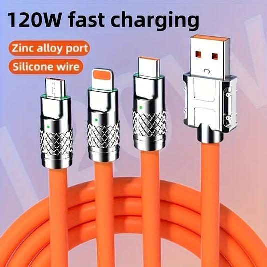 3 in 1 USB 120W Fast Charging Cable Apple,Android &Type-C(1.2M,Orange)