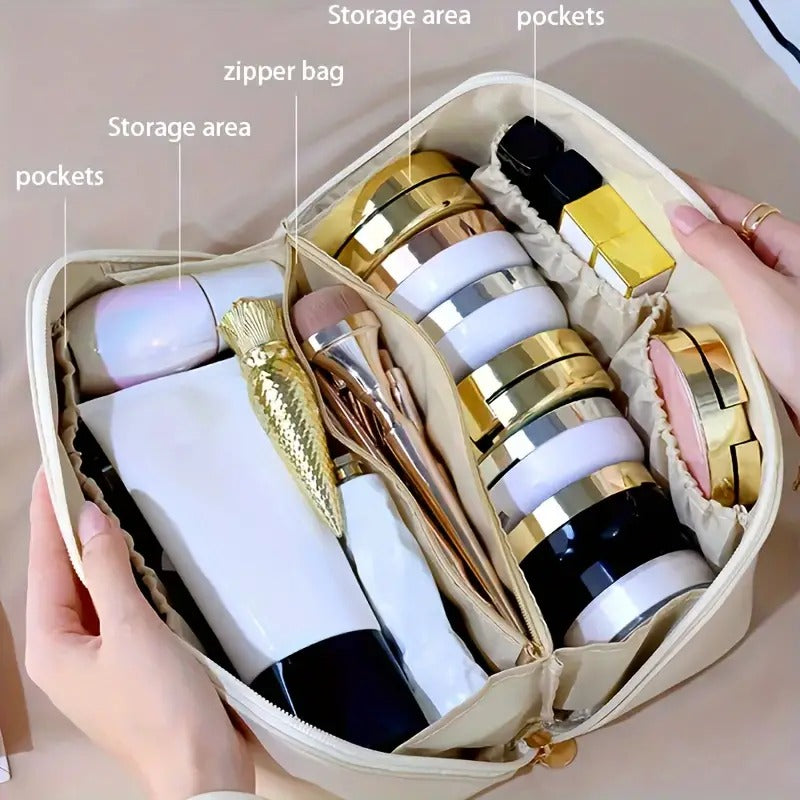 Large Capacity 12 Cms Cosmetic Bag, Women's Makeup Travel Bag Portable Leather Cosmetics Bag, Makeup Storage Bags With Handle And Divider, Wide Opening Cosmetic Organizer Bags