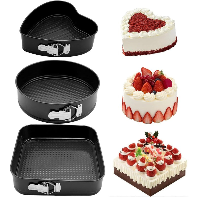 Cake Mould Tin Set of 3 Pieces Mold Heart, Round & Square Shape Cake Maker (Black, Non-Stick Coating), Steel