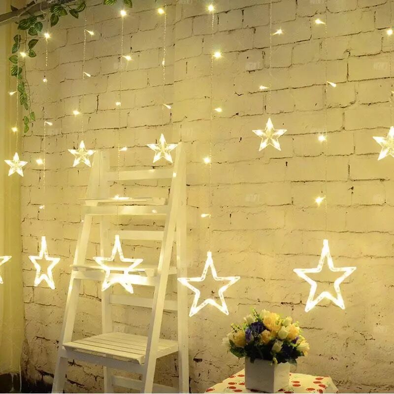 Star Curtain LED Lights for Diwali (2.5 mtr, 138 LED, 6+6 Star), Curtain String Lights with 8 Flashing Modes, Decoration for Christmas, Wedding, Party, Warm White