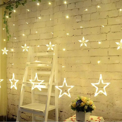 Star Curtain LED Lights for Diwali (2.5 mtr, 138 LED, 6+6 Star), Curtain String Lights with 8 Flashing Modes, Decoration for Christmas, Wedding, Party, Warm White