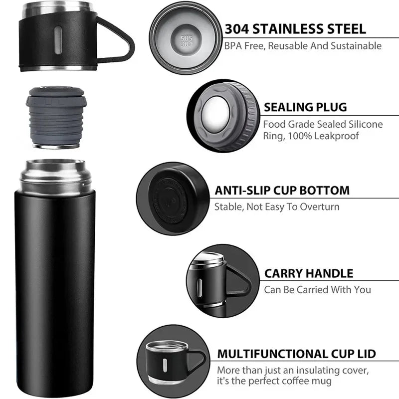 Vacuum Flask Set with 2 Cups, Insulated Double Wall Stainless Steel 500ml Tea Coffee Thermal Flask with 3 Cups, Hot and Cold Bottle, Corporate Gifts for Employees Christmas Gift, Random Color