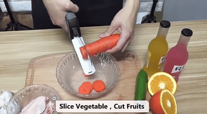 2-in-1 Steel Smart Clever Cutter Kitchen Knife Food Chopper and in Built Mini Chopping Board with Locking Hinge; with Spring Action; Stainless Steel Blade