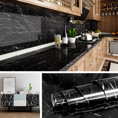 Black Marble Foil Kitchen Stickers Oil-Proof Waterproof Self Adhesive Wallpaper PVC Bathroom Wall Stickers Contact Paper(Black Marble 60 * 200CM)