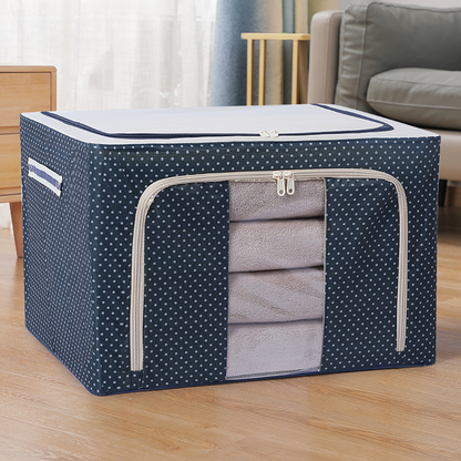 Fabric Clothes Storage Box for Wardrobe Cloth, Saree, Towel, Blanket Foldable Organizer Bag with Steel Frame, Top and Front Zipper Open Bags