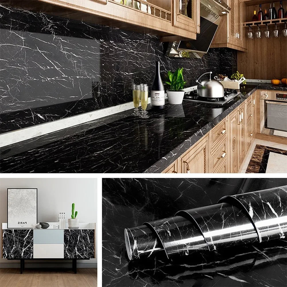 Black Marble Foil Kitchen Stickers Oil-Proof Waterproof Self Adhesive Wallpaper PVC Bathroom Wall Stickers Contact Paper(Black Marble 60 * 200CM)