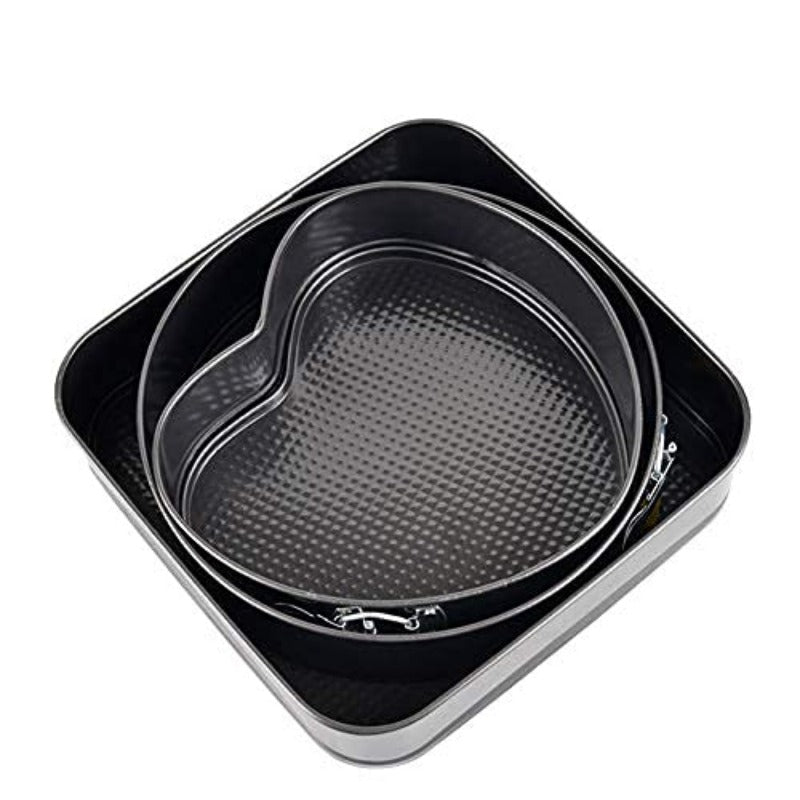 Cake Mould Tin Set of 3 Pieces Mold Heart, Round & Square Shape Cake Maker (Black, Non-Stick Coating), Steel