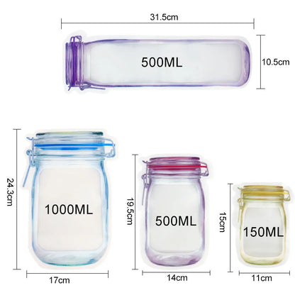 Fridge Food Storage Bags - Ziplock Bottle Shape Storage 9 Pouch Set - 3 Variable Size Zipper Mason Jar