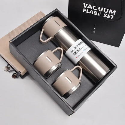 Vacuum Flask Set with 2 Cups, Insulated Double Wall Stainless Steel 500ml Tea Coffee Thermal Flask with 3 Cups, Hot and Cold Bottle, Corporate Gifts for Employees Christmas Gift, Random Color