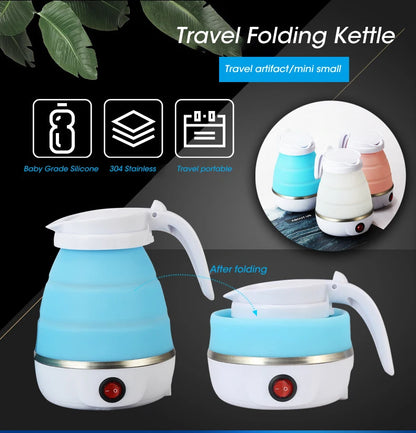 Travel Folding Electric Kettle, Fast Boiling, Portable Electric Kettle, 600ml Boil Dry Protection, 100-240V Food Grade Silicone Foldable Kettle (White, Blue), 600 watts