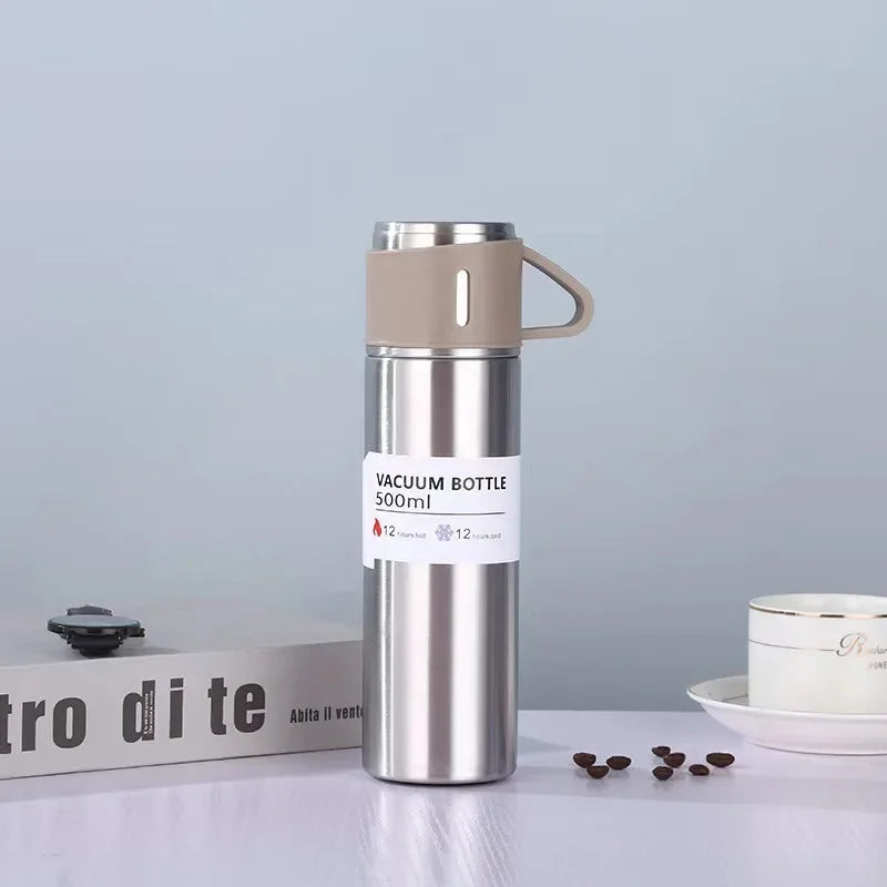 Vacuum Flask Set with 2 Cups, Insulated Double Wall Stainless Steel 500ml Tea Coffee Thermal Flask with 3 Cups, Hot and Cold Bottle, Corporate Gifts for Employees Christmas Gift, Random Color