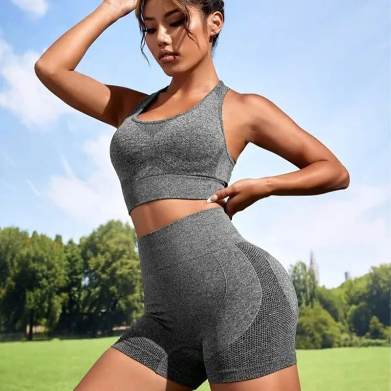 2 Pc Gym Wear for Women Workout Set Combo, I-Shaped Wire Free Padded Sports Bra with High Waist Butt Lifting Shorts for Great Comfort, Athleisure Yoga Wear