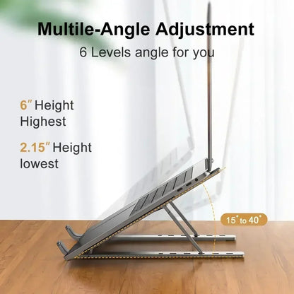 Adjustable Aluminum Laptop Stand - Foldable, Ventilated, Portable Stand for Desk & Tabletop, Compatible for 13-15 inch Laptops, Comes with Carry Pouch (Silver)