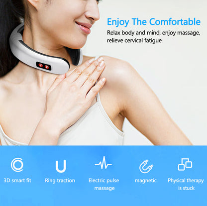 Electric Neck Massager for Deep Tissue Pain Relief Cervical Vertebra Massager Impulse Treatment Device for Acupoint Magnetic Therapy with 2 Electrode Pads