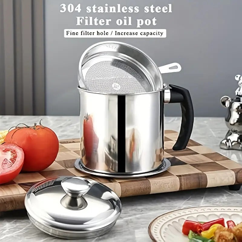 Oil Strainer Pot Grease Can - Stainless Steel Cooking Grease Container,Reuse Oil Storage -Can Container with Removable Filter Anti-Scalding Handheld, Lid for Cooking Oil