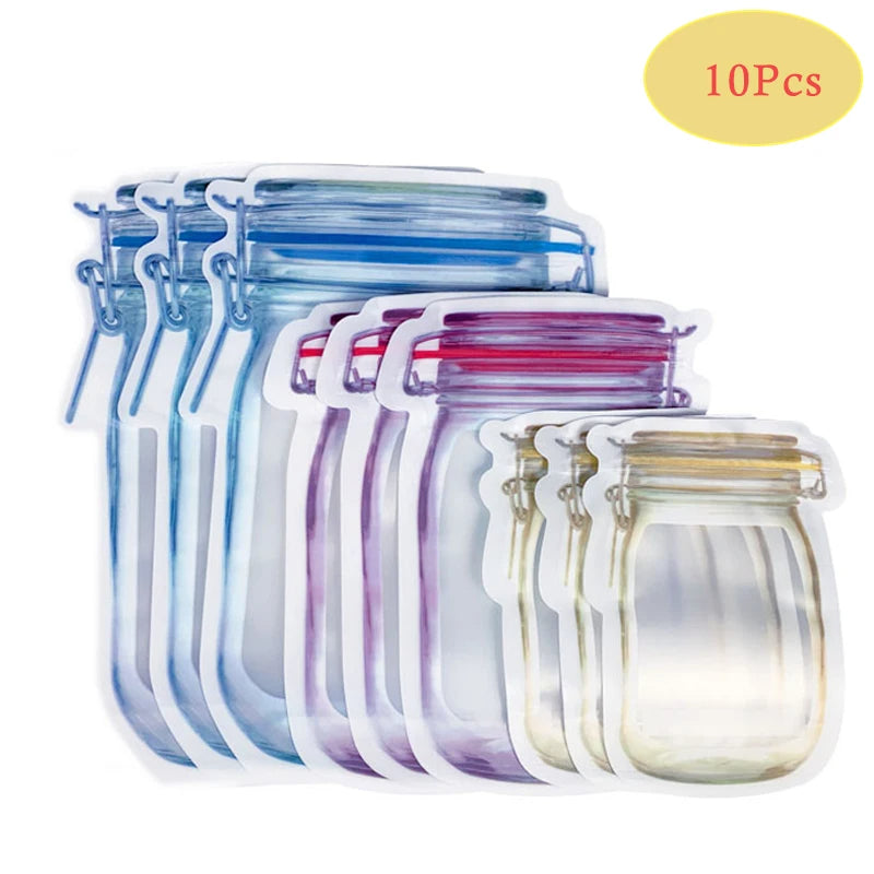 Fridge Food Storage Bags - Ziplock Bottle Shape Storage 9 Pouch Set - 3 Variable Size Zipper Mason Jar