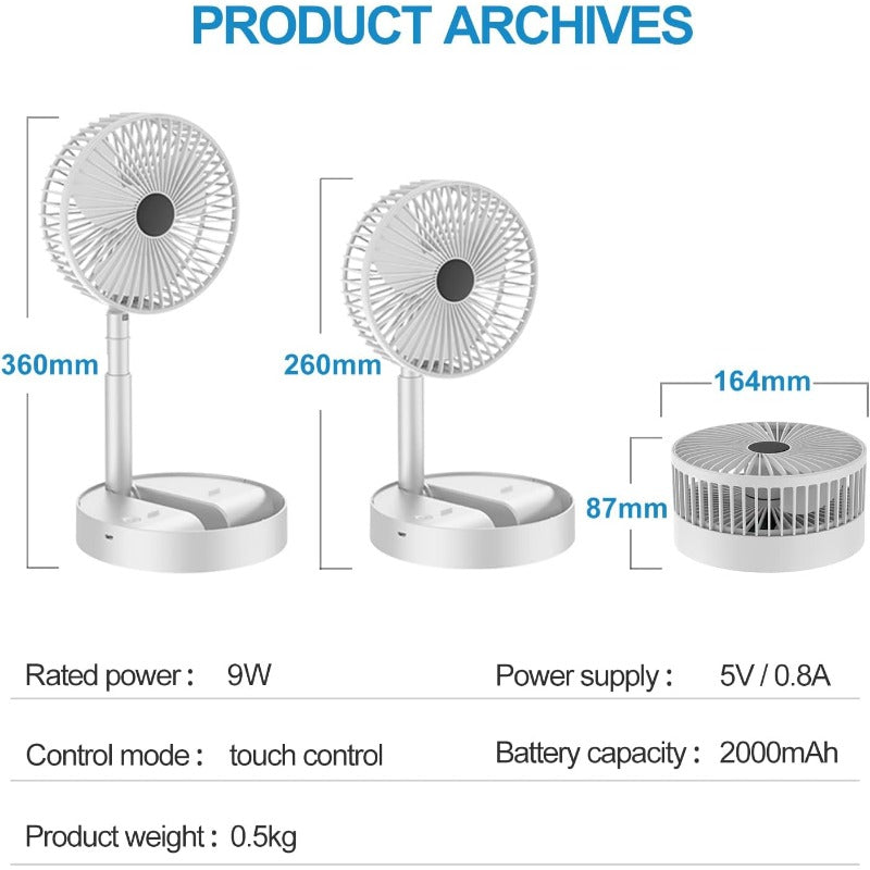 Powerful Rechargeable Desk Fan, Folding Telescopic & Adjustable Height, Small Desk Table Air Fan with Built-in Battery for Travel, Outdoor, Home, Office, Kitchen, Picnic, Kids - Foldable Fan