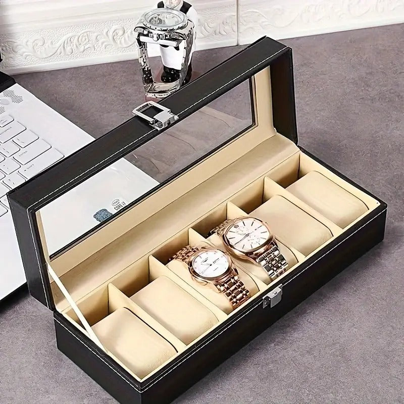 6 Slot Watch Storage Holder and Display Collection Box with Transparent Glass - Watch Case Organiser for Men and Women - Travel Friendly Box for Gifts