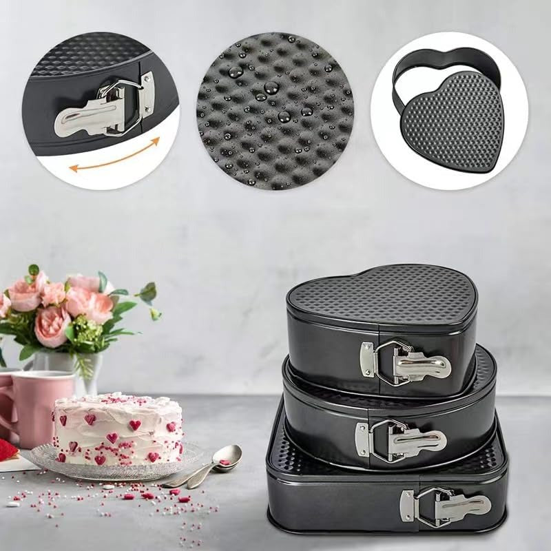 Cake Mould Tin Set of 3 Pieces Mold Heart, Round & Square Shape Cake Maker (Black, Non-Stick Coating), Steel