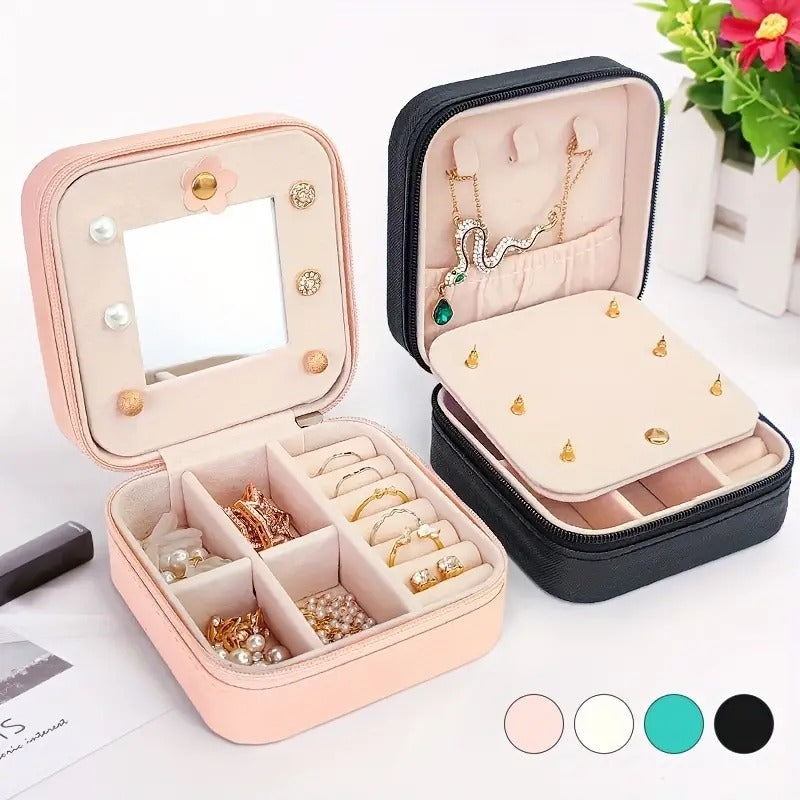 Jewelry Travel Case with Mirror,Small Travel Jewelry Organizer, Portable Jewelry Box Travel Mini Storage Organizer Portable Display Storage Box For Rings Earrings Necklaces