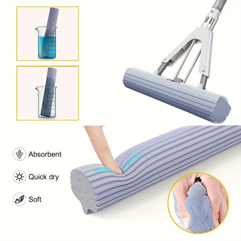 Sponge Mop, Roller Sponge Mop, Self Squeeze Sponge Mop, Stainless Steel Handle with PVA Absorbent Mop Head Refills, for Home Commercial Use Tile Floor Bathroom Garage Cleaning