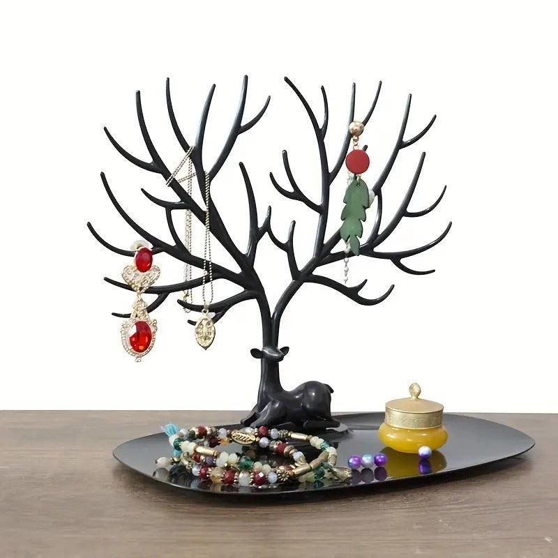 plastic Little Deer Accessories Creative Sika Deer Tree Tray Display Stand Holder Organizer, Jewelry Rack, Key Holder (Black)