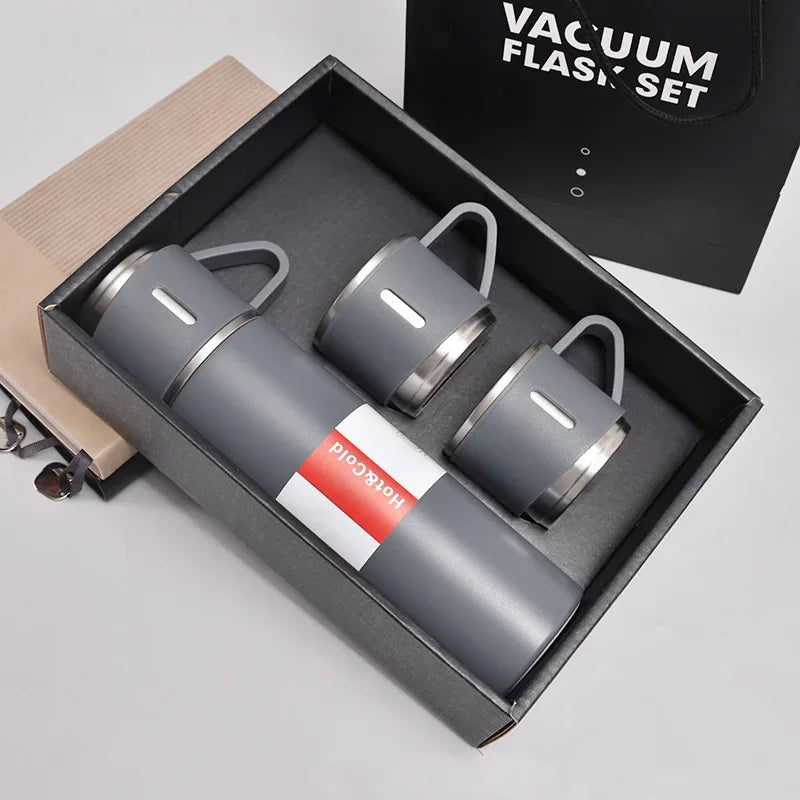 Vacuum Flask Set with 2 Cups, Insulated Double Wall Stainless Steel 500ml Tea Coffee Thermal Flask with 3 Cups, Hot and Cold Bottle, Corporate Gifts for Employees Christmas Gift, Random Color