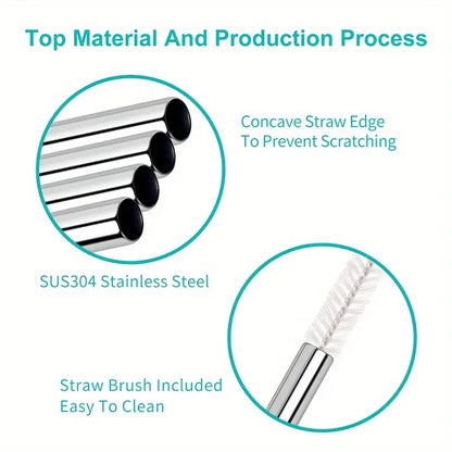 Stainless Steel Reusable SS 304 Food Grade Beverage Drinking Straws with Straw Cleaning Brush