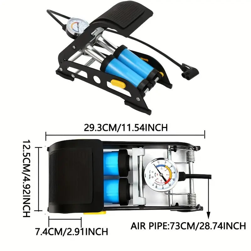 Double Cylinder Portable Foot Pump Air Tyre Inflator with Pressure Gauge for Car Tyres, Bicycle Tyres, Bike Tyres, Motorcycle Tyres, Balls, Air Mattress Inflators (Blue)