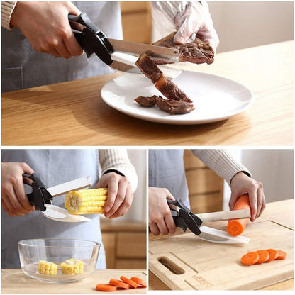 2-in-1 Steel Smart Clever Cutter Kitchen Knife Food Chopper and in Built Mini Chopping Board with Locking Hinge; with Spring Action; Stainless Steel Blade