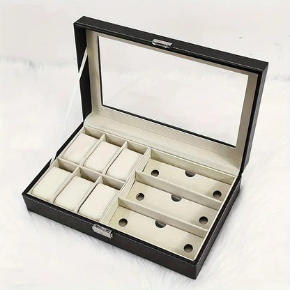 Watch Box Organizer and Sunglasses Case Holder with 6 Slots for Watches and 3 Slots for Sunglasses